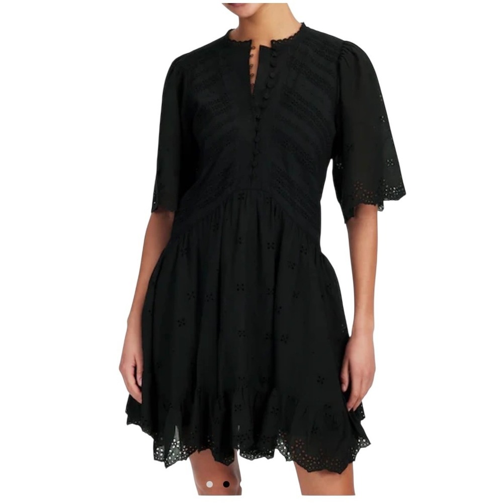 Madewell Dress Womens 0 Black Eyelet Flutter‎ Sleeve Mini Dress in Cotton NWT